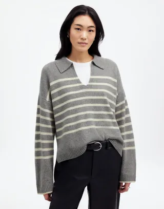 Madewell, Cashmere-Wool Blend Polo-Collar Sweater in Stripe