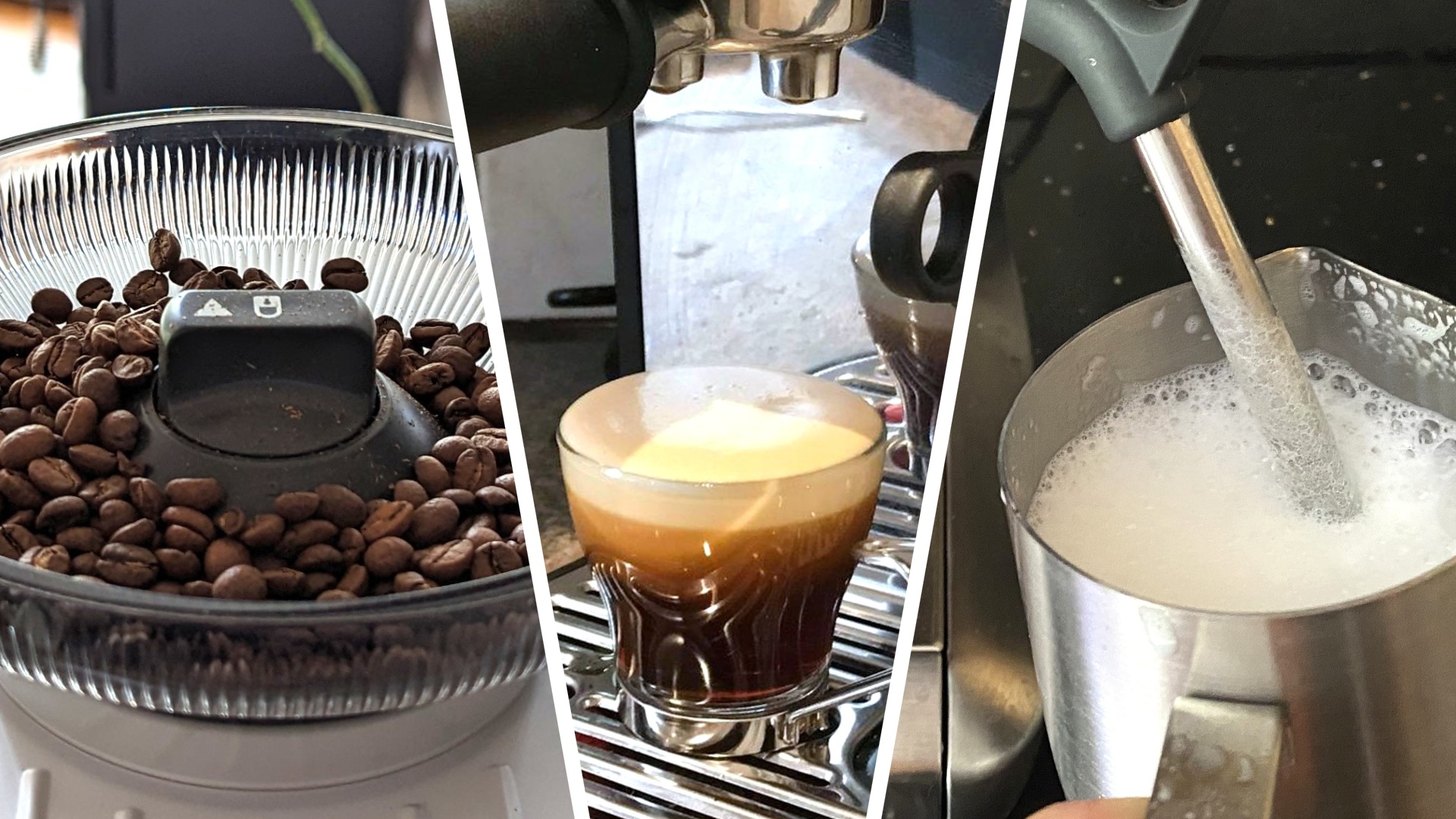 Split image of parts of three Breville coffee makers