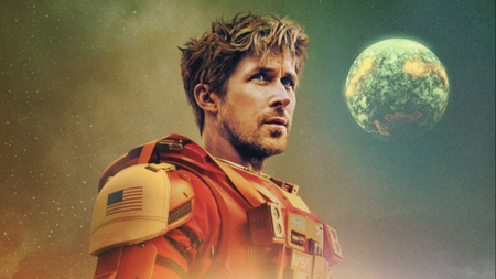 an astronaut in an orange spacesuit with a planet