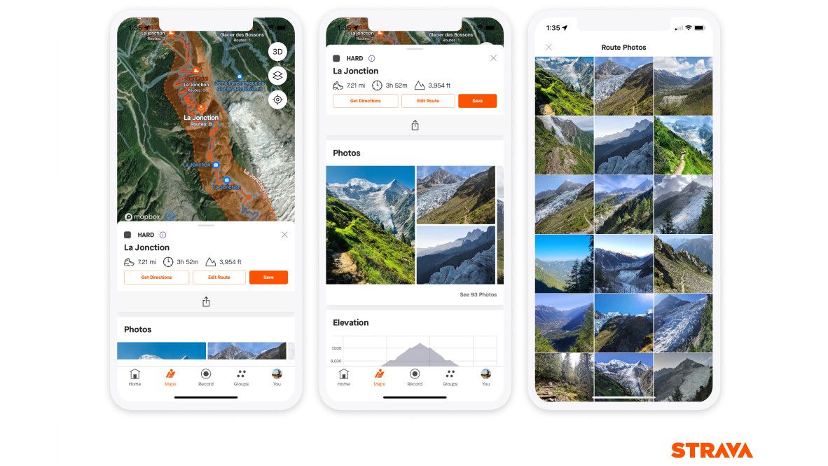 Screenshots from Strava mobile app showing photos on recommended routes