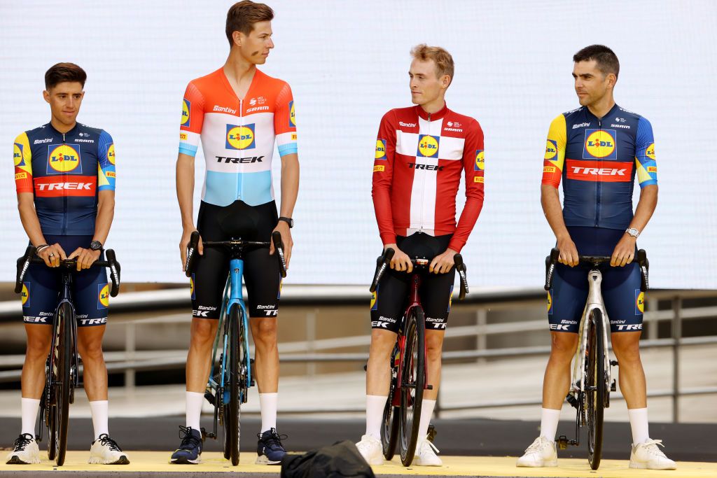 BILBAO SPAIN JUNE 29 LR Juan Pedro Lopez of Spain Alex Kirsch of Luxembourg Mattias Skjelmose Jensen of Denmark and Tony Gallopin of France and Team LidlTrek during the team presentation of the 110th Tour de France 2023 at the Guggenheim Museum Bilbao UCIWT on June 29 2023 in Bilbao Spain Photo by Michael SteeleGetty Images