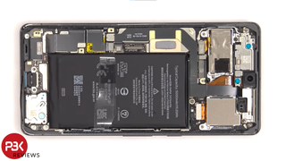 A screenshot from PBK Reviews' teardown of the Pixel 7 Pro, showing the front of the phone with the display removed