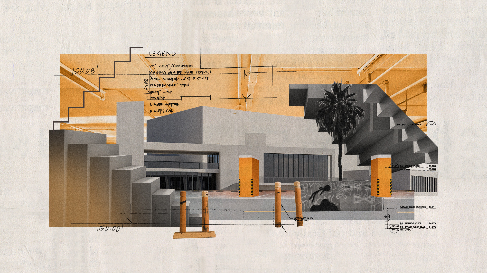 Photo collage of elements of mall architecture, mashed together in a M. C. Escher-esque way