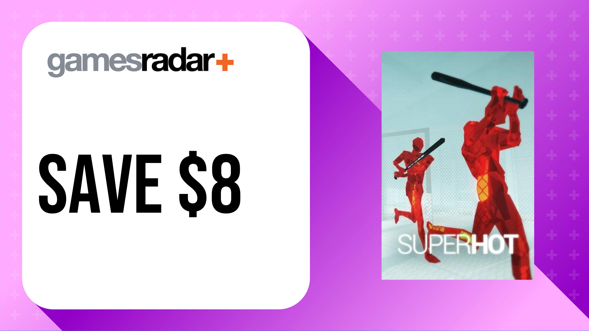 Superhot VR deal image with $8 saving stamp and purple background