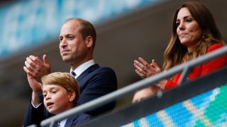 Prince William, Duke of Cambridge, Prince George of Cambridge, and Catherine, Duchess of Cambridge, celebrate the win in the UEFA EURO 2020 round of 16