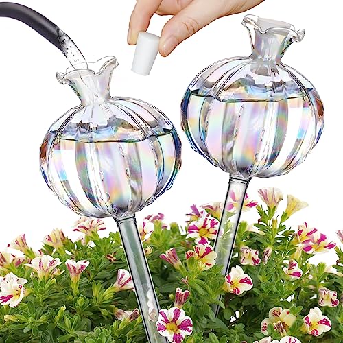 Nihome Plant Watering Globes 2-Pack, Iridescent Glass Cactus Self Watering Globe, Glass Waterer for Potted Plants - 4.7oz/140 Ml Capacity Automatic Mini Irrigation System, Adorable Gardening Gift