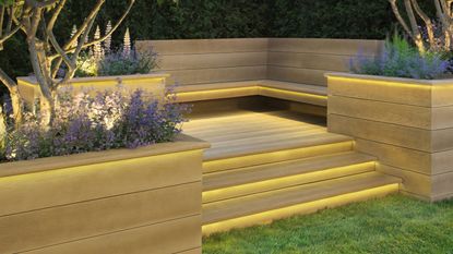 compact modern deck with steps, planters and benches