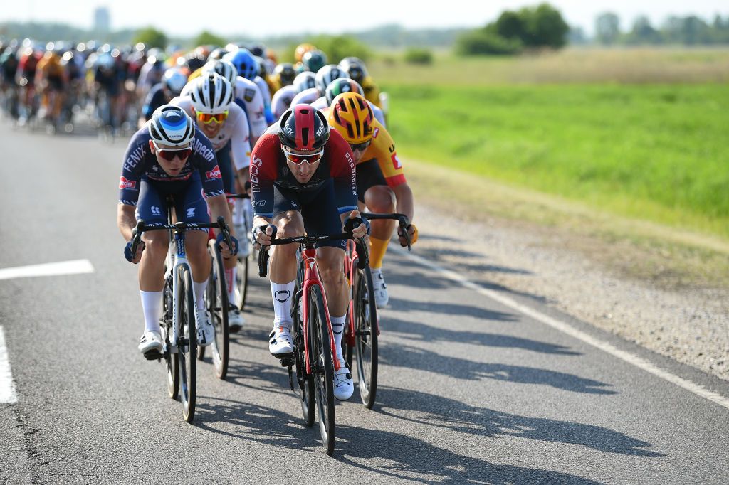 HAJDSZOBOSZL HUNGARY MAY 12 Elia Viviani of Italy and Team INEOS Grenadiers leads the peloton during the 43rd Tour de Hongrie 2022 Stage 2 a 192km stage from Karcag to Hajdszoboszl tourdehongrie on May 12 2022 in Hajdszoboszl Hungary Photo by Dario BelingheriGetty Images