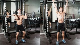Man demonstrates two positions of the barbell push press in a gym