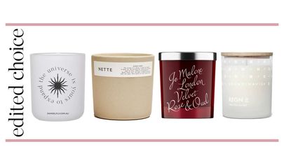 Best scented candles: pink grapic with four candles - one white glass vessel, a beige ceramic vessel, a red glass vessel with a metal lid and a white glass vessel with a wooden lid