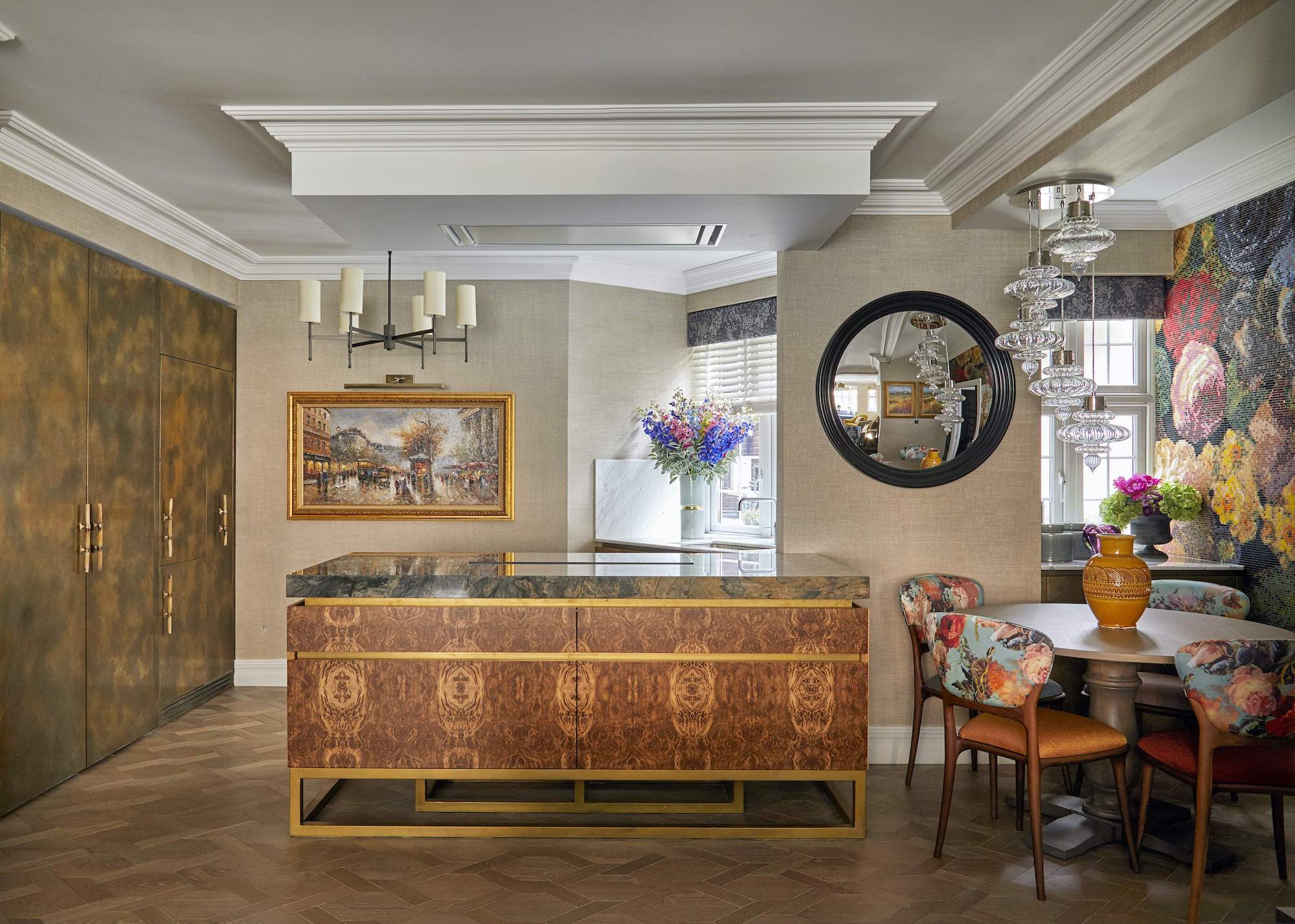 Kitchen with burr island and mosaic murals