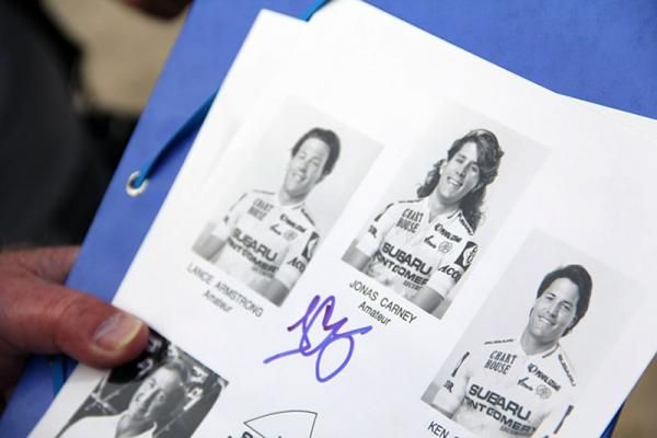 These are cycling fans in France - a photo of KBS-OptumHealth director Jonas Carney and Lance Armstrong from the amatuer days was furnsished for an autograph.