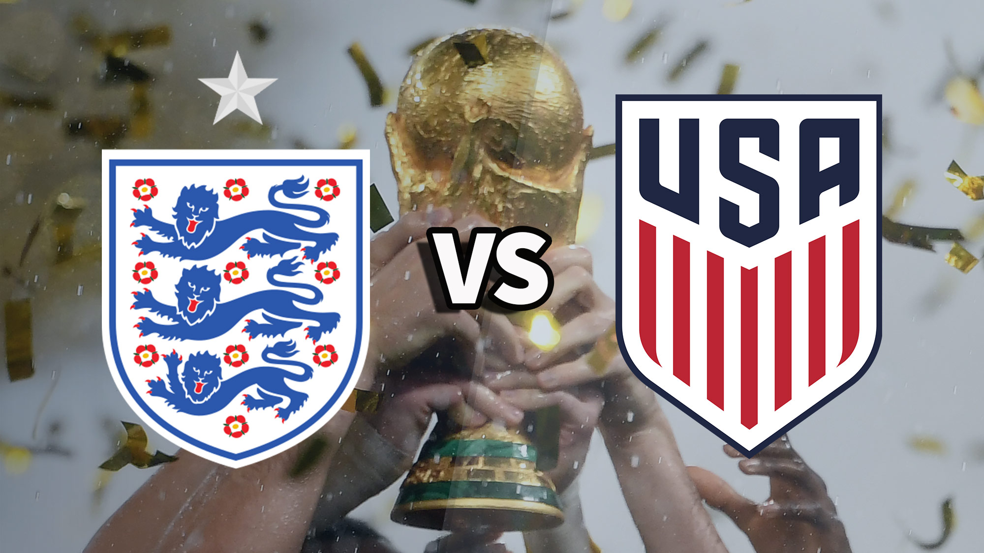 Значки сборных Англии и США по футболу поверх фотографии поднятого трофея чемпионата мира