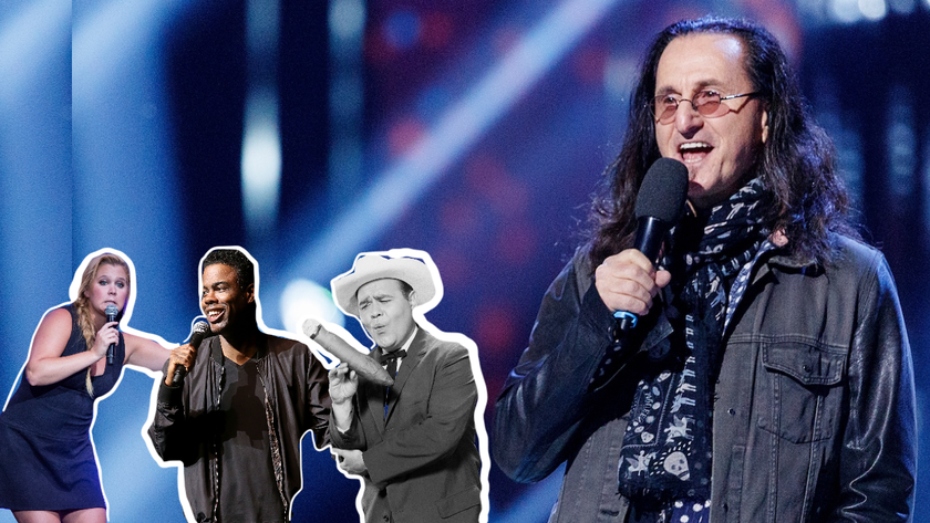 Geddy Lee with cut out of some of his favourite comedians: Amy Schumer, Chris Rock and Jonathan Winters