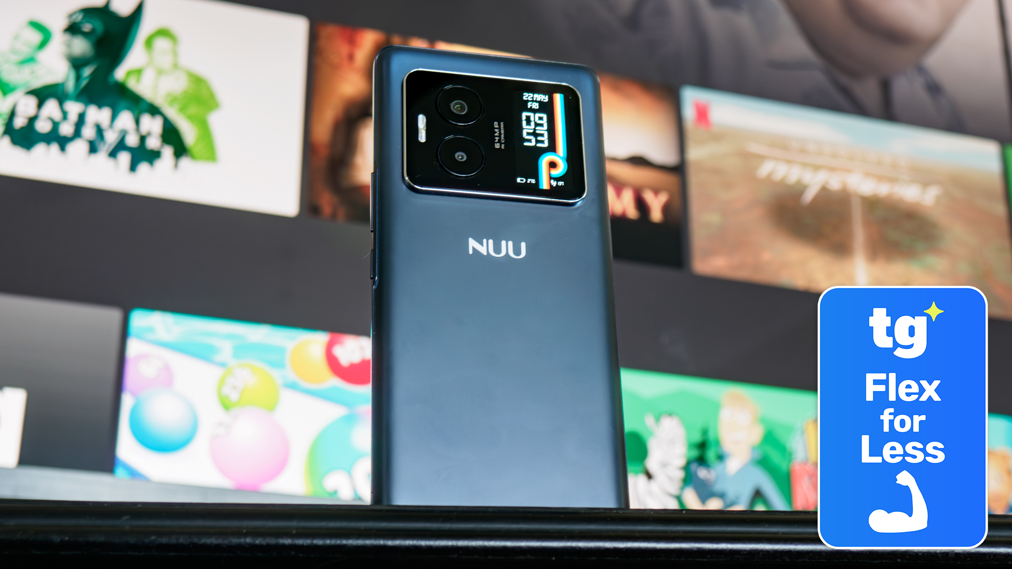 NUU B40 5G in front of a TV with a Tom's Guide Savings Squad Flex for Less badge