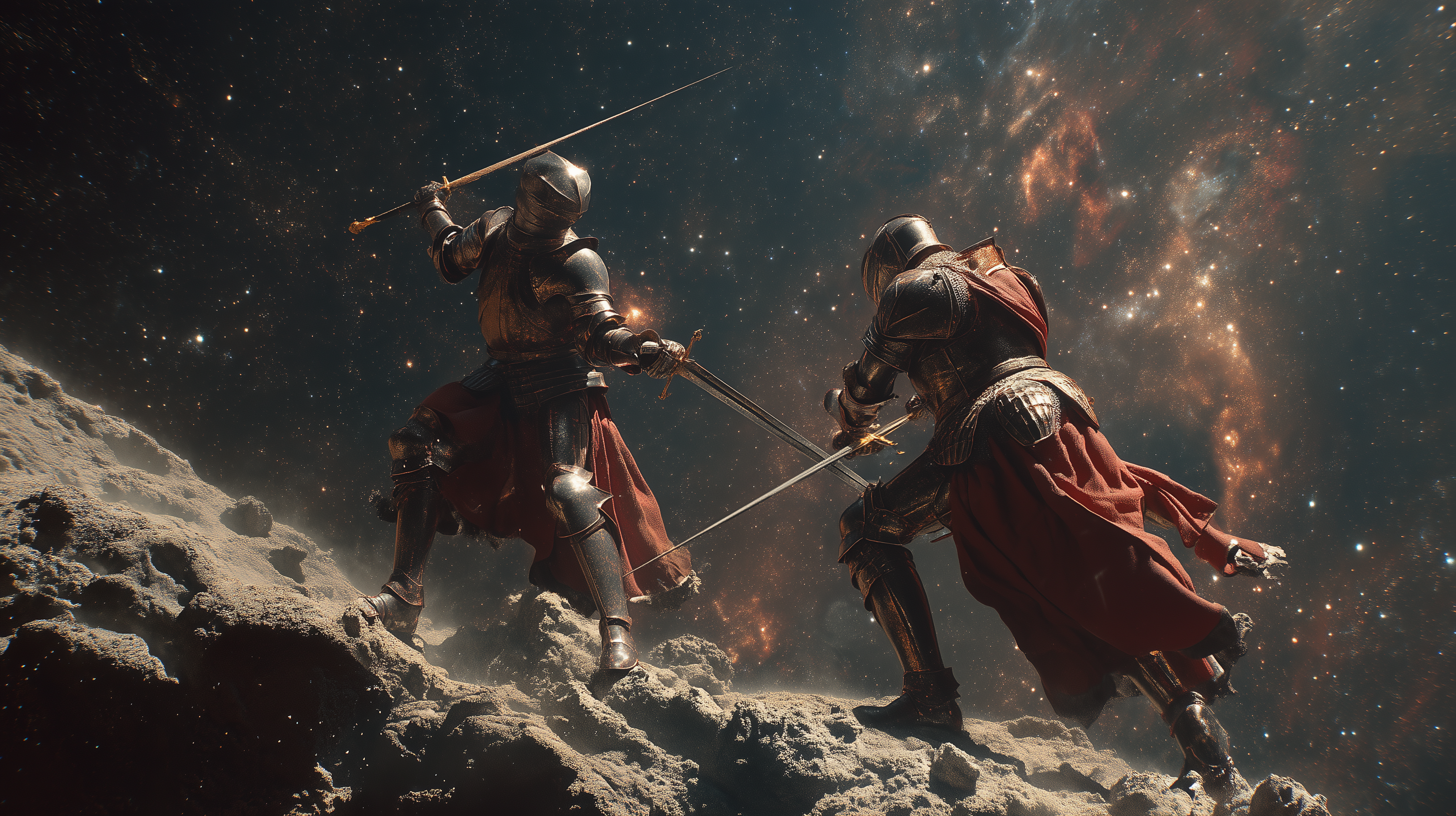 A Midjourney-generated image of two knights fighting in space