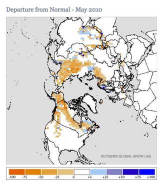 The brown areas of this map show places with below average snowfall from May 2010, the lowest May snow cover on record since the late 1960s.