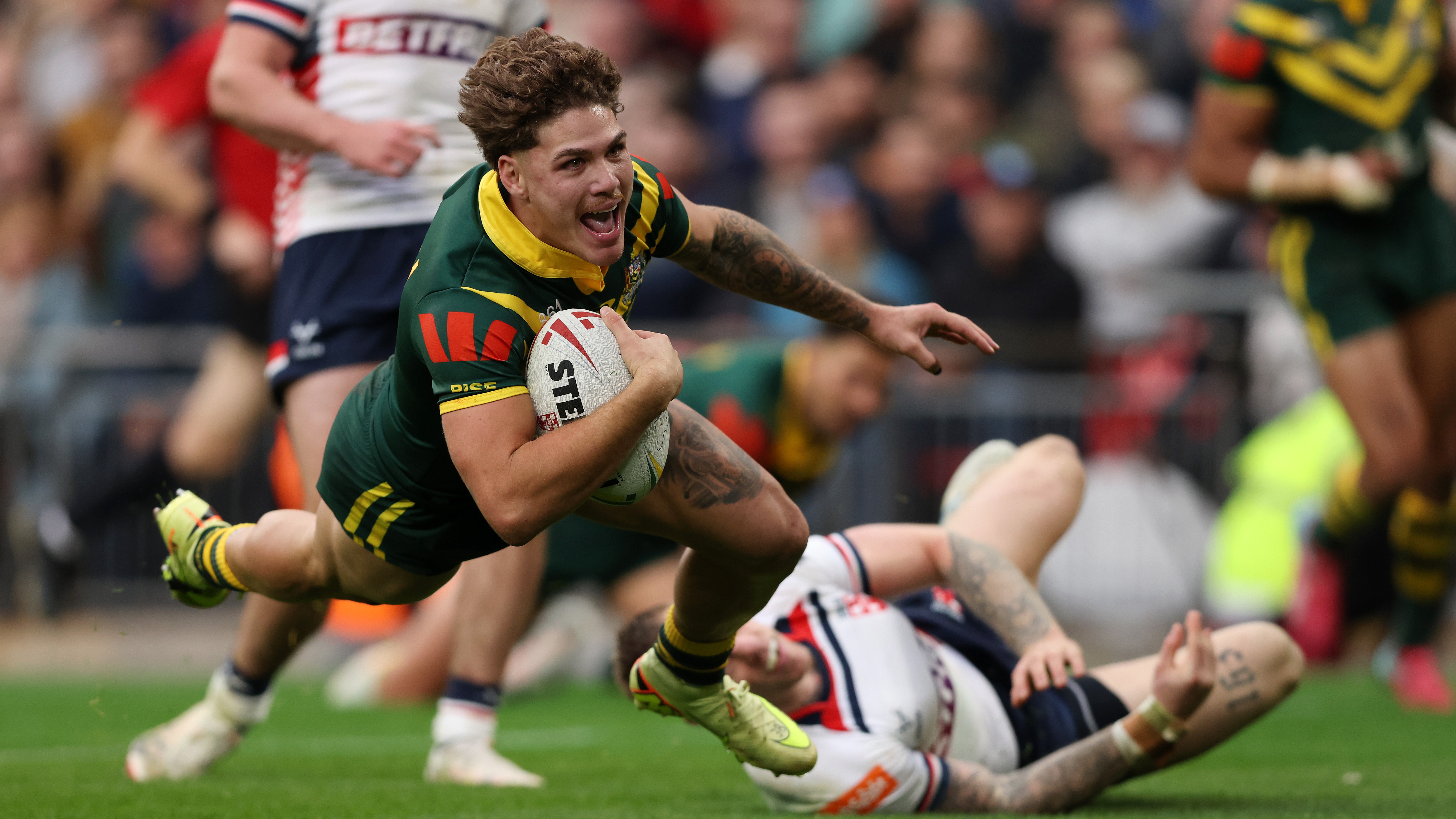 Reece Walsh of Australia scores his team's fourth try during the Rugby League Ashes match between England and Australia at Wembley Stadium on October 25, 2025 in London, England.