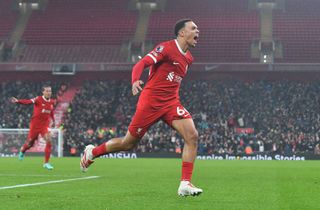 Liverpool's Trent Alexander-Arnold celebrates after scoring a late winner against Fulham at Anfield in December 2023.