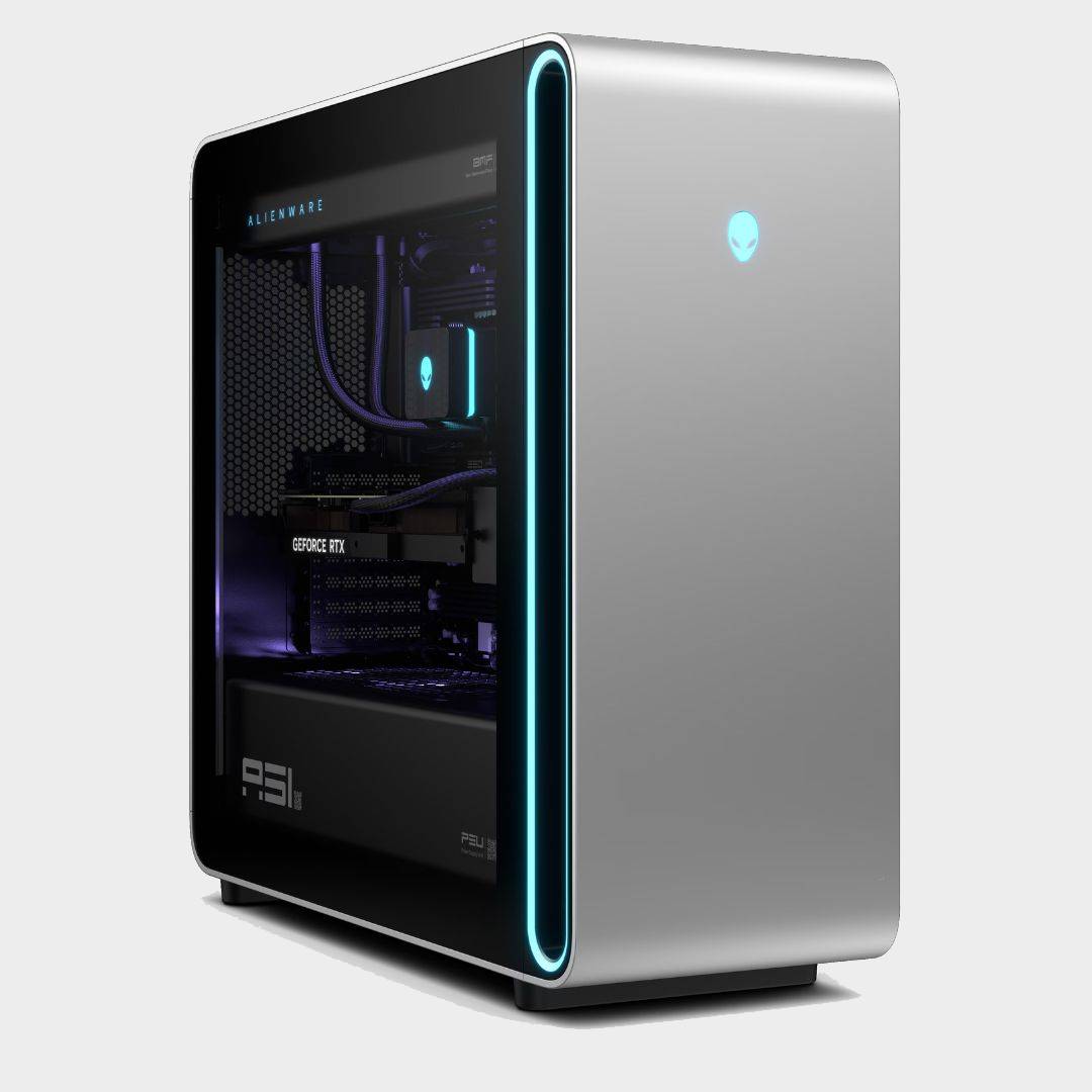 Alienware Area-51 gaming PC with grey backdrop.