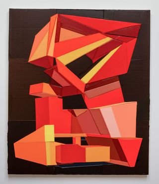 Architectural art painting by Tommy Fitzpatrick, angles in bright colours, orange, red yellow theme on a dark brown background