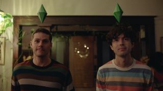 two men with sims green diamonds above their head in the movie twinless