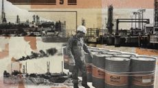 Photo collage of a man standing next to oil barrels and Kharg island oil infrastructure