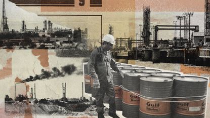 Photo collage of a man standing next to oil barrels and Kharg island oil infrastructure