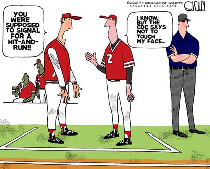 Editorial Cartoon U.S. coronavirus baseball no touching hit and run