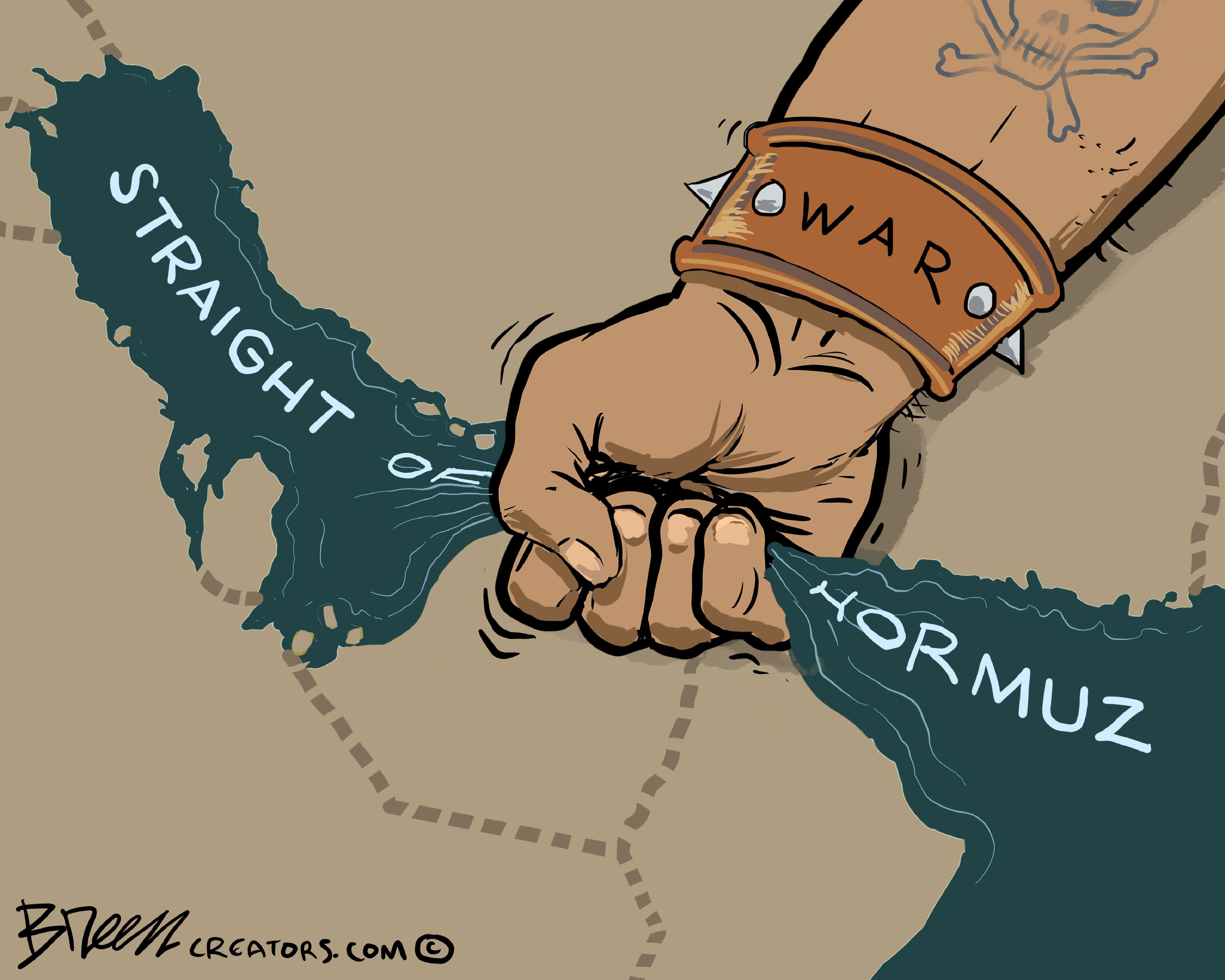 This cartoon depicts a map where a hand squeezes the Strait of Hormuz. The hand wears a spiked, leather wristband labeled &amp;ldquo;WAR&amp;rdquo;.