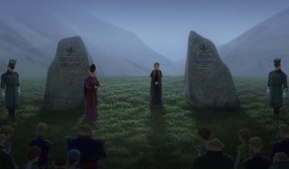 Frozen II King Agnarr and Queen Iduna's funeral, with Anna standing between headstones