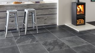 Honed slate flooring in kitchen