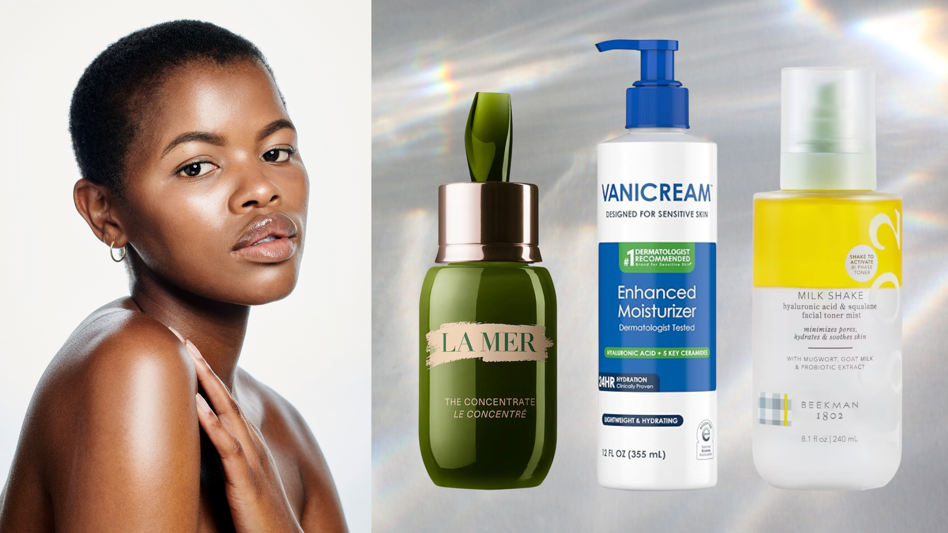 A woman with glowing skin looking over her shoulder and looking into the camera. She is next to three bottles of skincare products.
