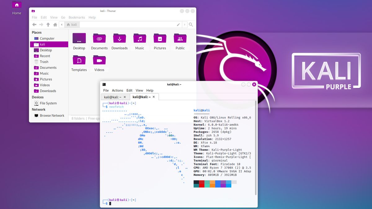 A screenshot of a Linux operating system with Kali Purple windows open on the desktop and a stylised dragon in the background next to the text &amp;#039;KALI&amp;#039;