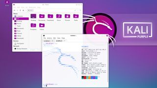 A screenshot of a Linux operating system with Kali Purple windows open on the desktop and a stylised dragon in the background next to the text 'KALI'