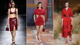 Three models wearing dark red outfits down the catwalk