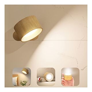 Wall Light Led Wall Lamp With Rechargeable Battery Operated, Touch Control 3 Brightness Levels 3 Color Modes Wall Sconces 360° Free Rotation Mordern Dimmable for Living Room Bedrooms Woodgrain