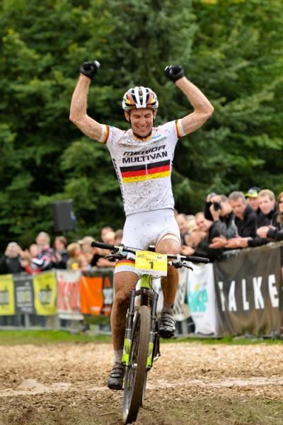 Mortiz Milatz celebrates winning the elite men's race.
