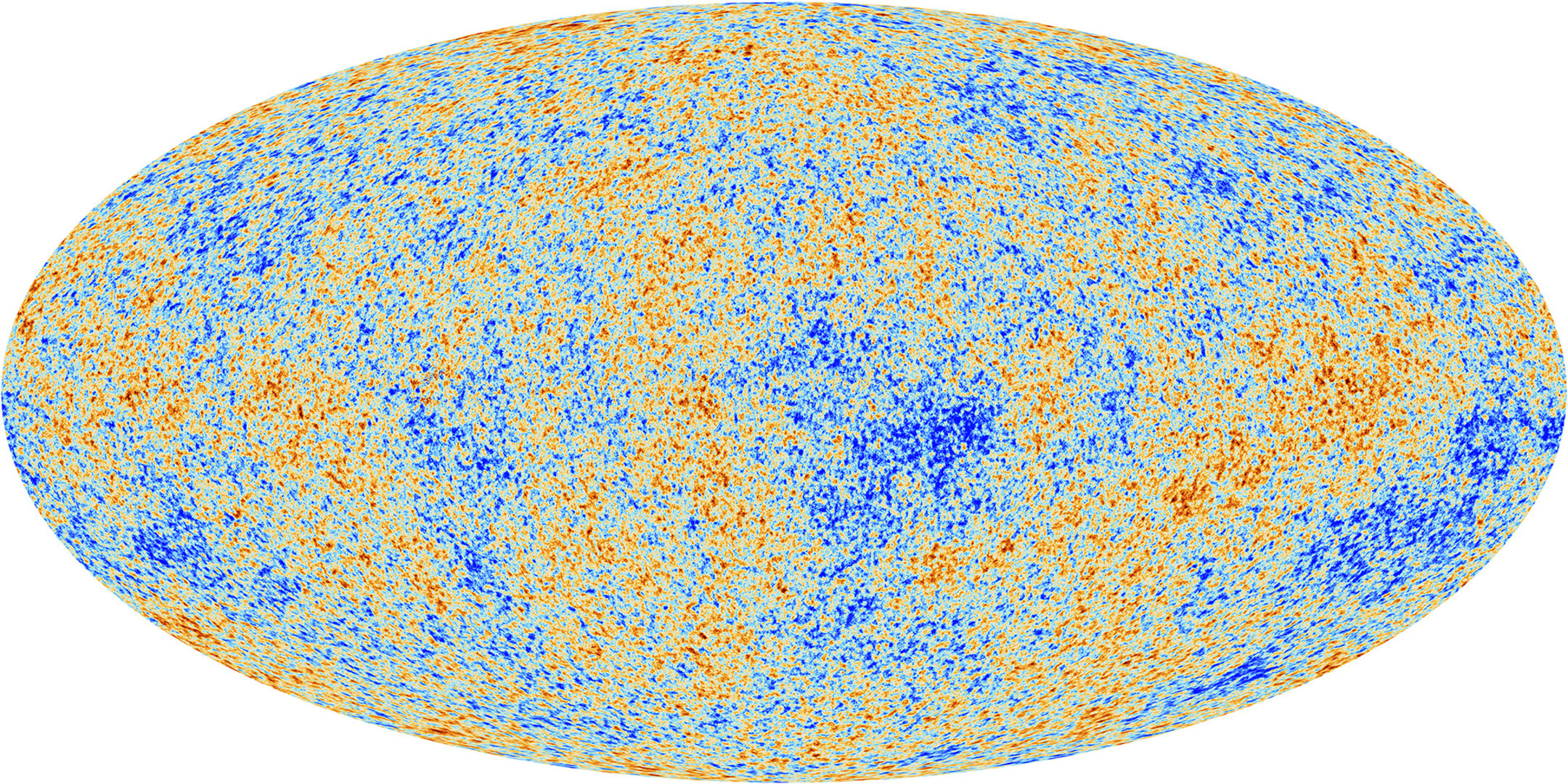 A oval shape filled with orange and blue patches representing CMB leftover from the Big Bang.