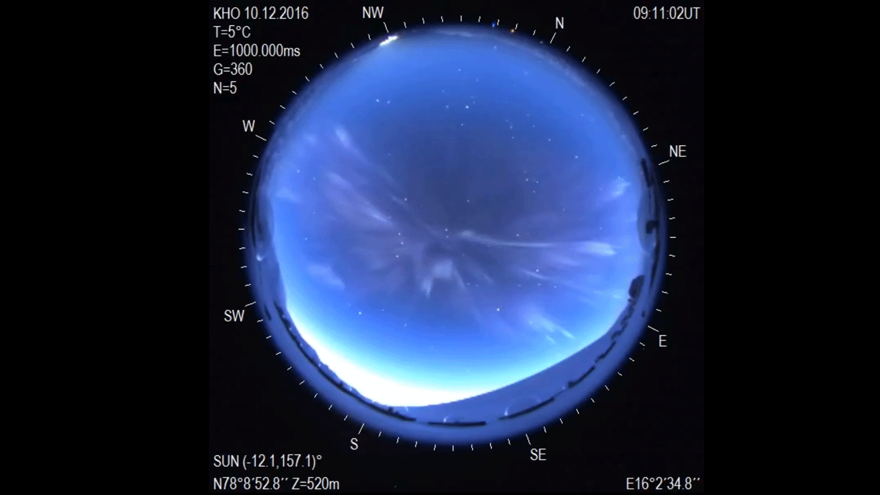 A strange spiralling aurora, as seen by an all-sky camera in Norway.