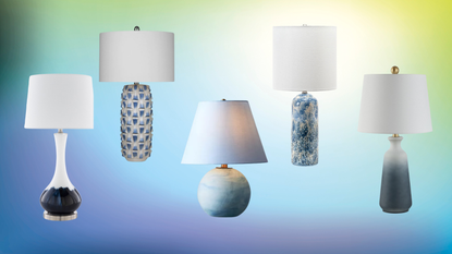 blue and white table lamps on a colorful background