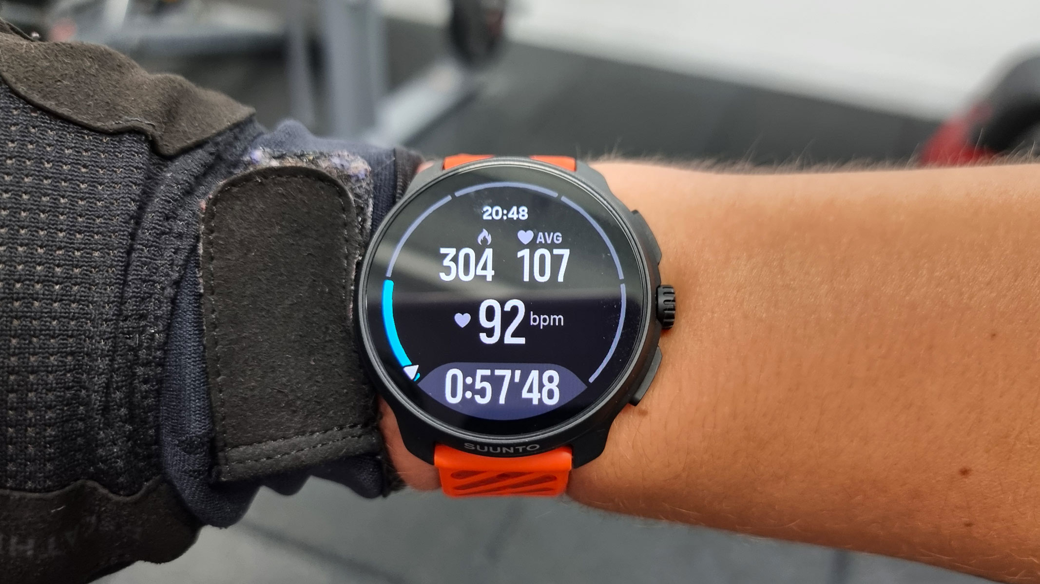 The screen of the Suunto Race 2 showing workout stats, while being worn by our reviewer.