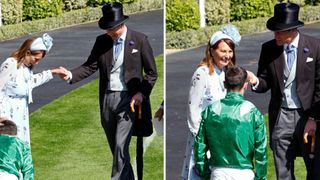 Composite of pictures of Carole Middleton holding Prince William’s hand at Ascot as he helps her after her heel got caught in the grass