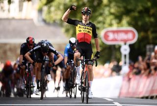 BODMIN ENGLAND SEPTEMBER 05 Wout Van Aert of Belgium and Team Jumbo Visma celebrates winning during the 17th Tour of Britain 2021 Stage 1 a 1808km stage from Penzance to Bodmin TourofBritain TourofBritain on September 05 2021 in Bodmin England Photo by Harry TrumpGetty Images
