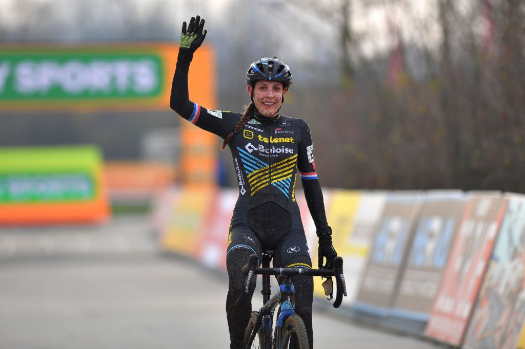 BOOM BELGIUM DECEMBER 06 Arrival Lucinda Brand of The Netherlands and Team Telenet Baloise Lions Celebration during the 6th Superprestige Cyclocross Boom 2020 Women Elite De Schorre Boom Superprestige2021 SPBoom SuperprestigeCX on December 06 2020 in Boom Belgium Photo by Luc ClaessenGetty Images