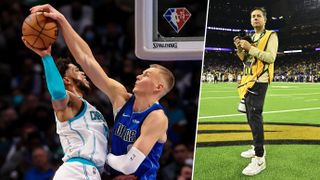 Canon Explorer of Light and USA Today photographer Kevin Jairaj (right) with one of his shots of two basketball players fighting for the ball (left)