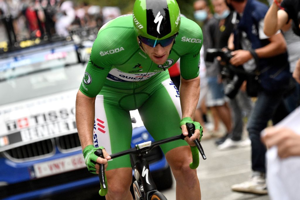 Team Deceuninck rider Irelands Sam Bennett wearing the best sprinters green jersey rides during the 20th stage of the 107th edition of the Tour de France cycling race a time trial of 36 km between Lure and La Planche des Belles Filles on September 19 2020 Photo by AnneChristine POUJOULAT AFP Photo by ANNECHRISTINE POUJOULATAFP via Getty Images