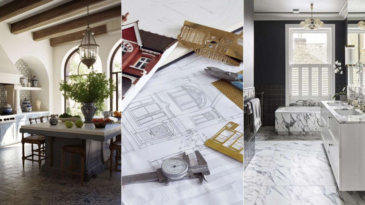 Three images in a header, one features a kitchen will tall arched windows and an island, one has architectural papers on a table, the other is a marble bathroom