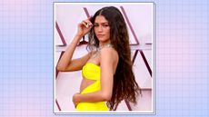 Zendaya pictured wearing a yellow dress with 'mermaid hair' waves as she attends the 93rd Annual Academy Awards at Union Station on April 25, 2021 in Los Angeles, California. / in a blue and purple template