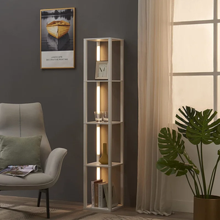 Column shelves that double as a floor lamp